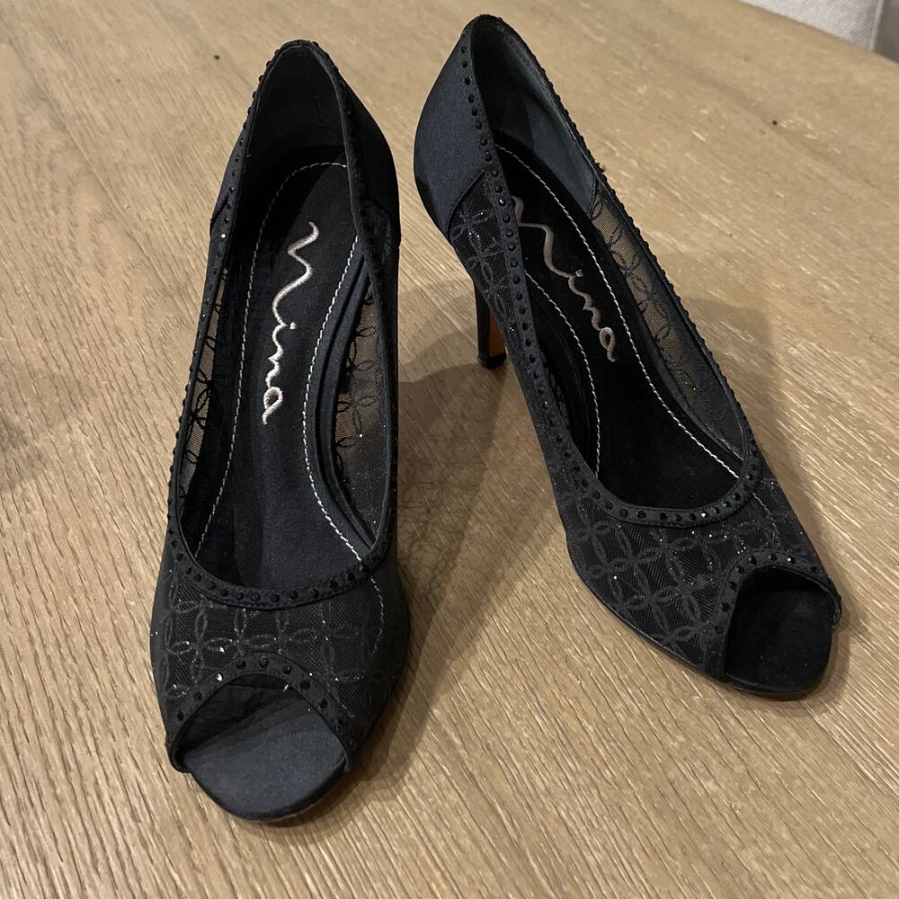 Nina Shoes Womens 7.5 M Dress Peep Toe Stiletto Heels Pump Slip On Black Mesh